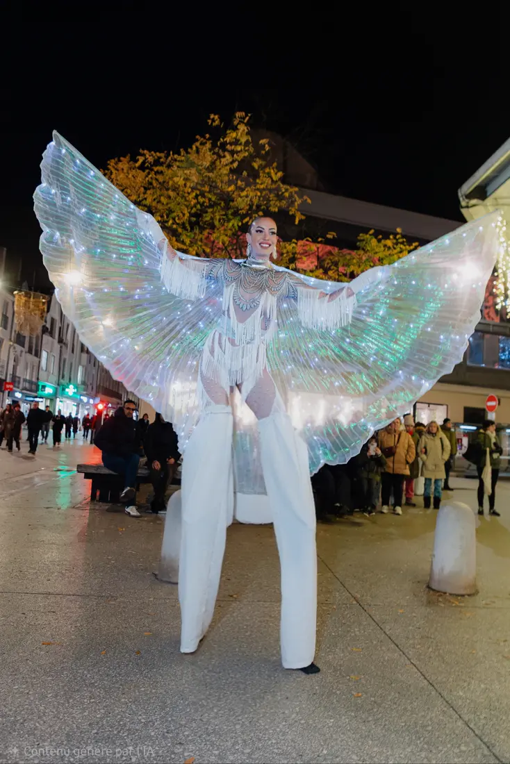 Échassière aux ailes lumineuses déployées, de nuit, dans une rue piétonne.